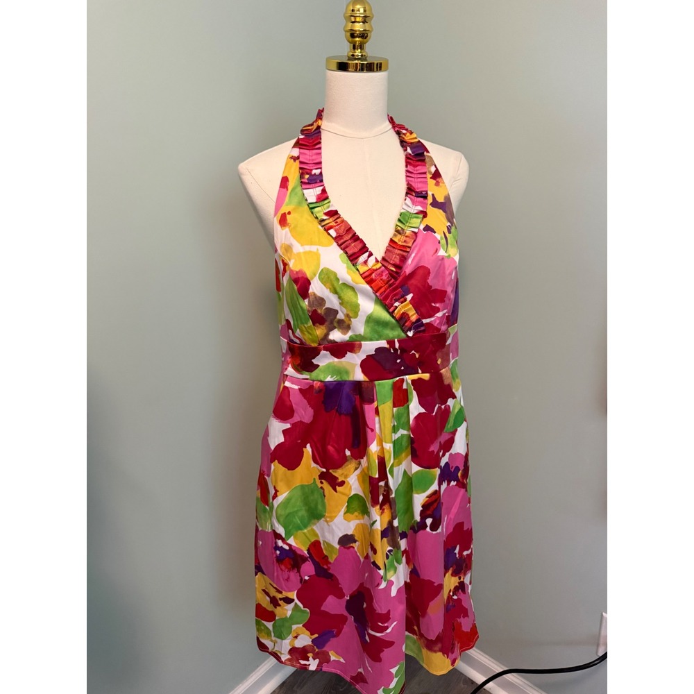 Blu Sage Floral Halter Dress Pink Yellow Ruffle Neck Empire Waist Size 12